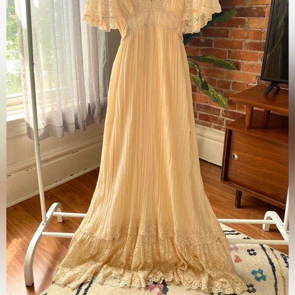 Vintage Candi Jones California Pale Peach Boho Lace Pleated Dress - Picture 6 of 8
